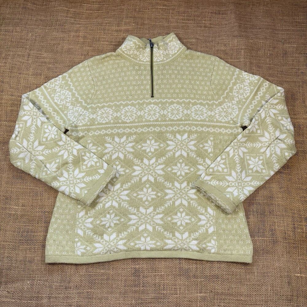LL Bean Woman's Cotton/Wool Green Fair Isle Snowflake 1/4 Zip Sweater Size M